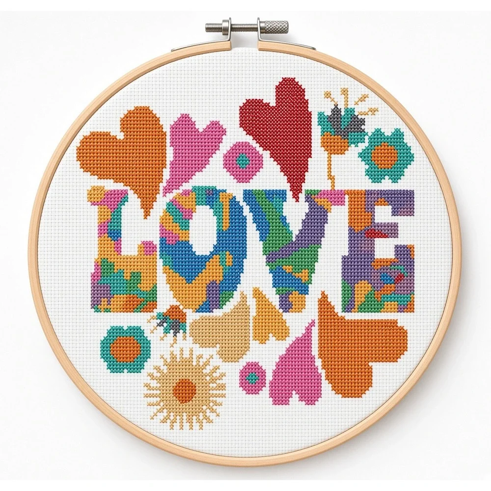 Groovy Love Hippie Modern Cross Stitch Pattern Retro Hearts Multi